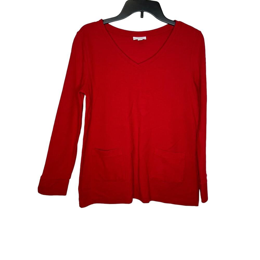 J.Jill‎ Women's Top Long Sleeve Tee V-Neck Front Pocket  Cotton Blend Red Small